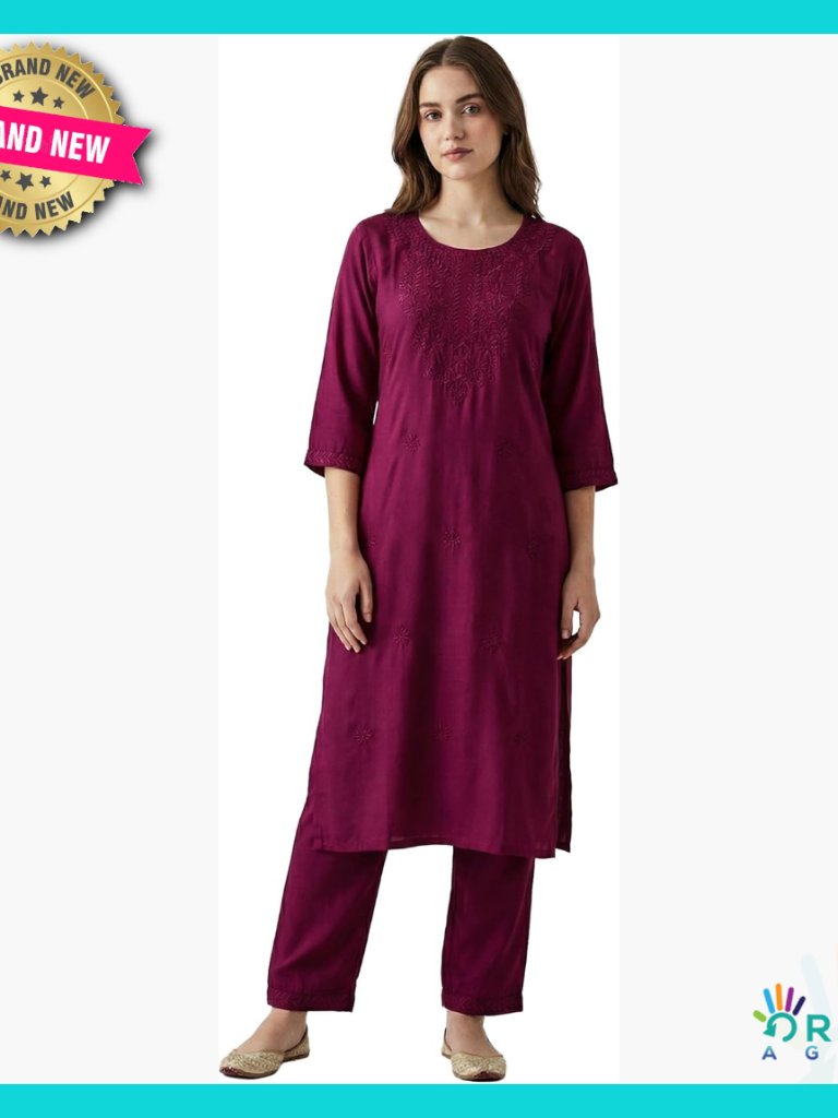 Rayon Kurta Pants Coord Set Schiffli Embroidery Ethnic Formal Elegant